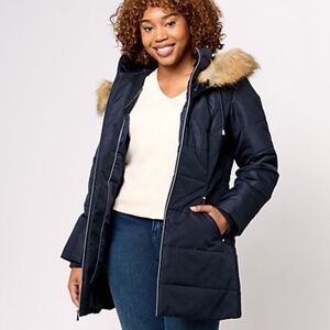 Susan Graver Water Resistant Quilted Puffer Jacket with Faux Fur Hood, Womens 3X
